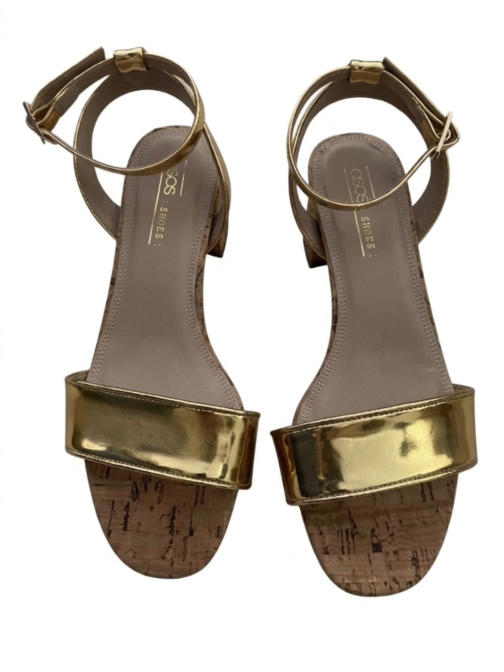 Asos Gold patent leather cork heeled sandals size 6.5